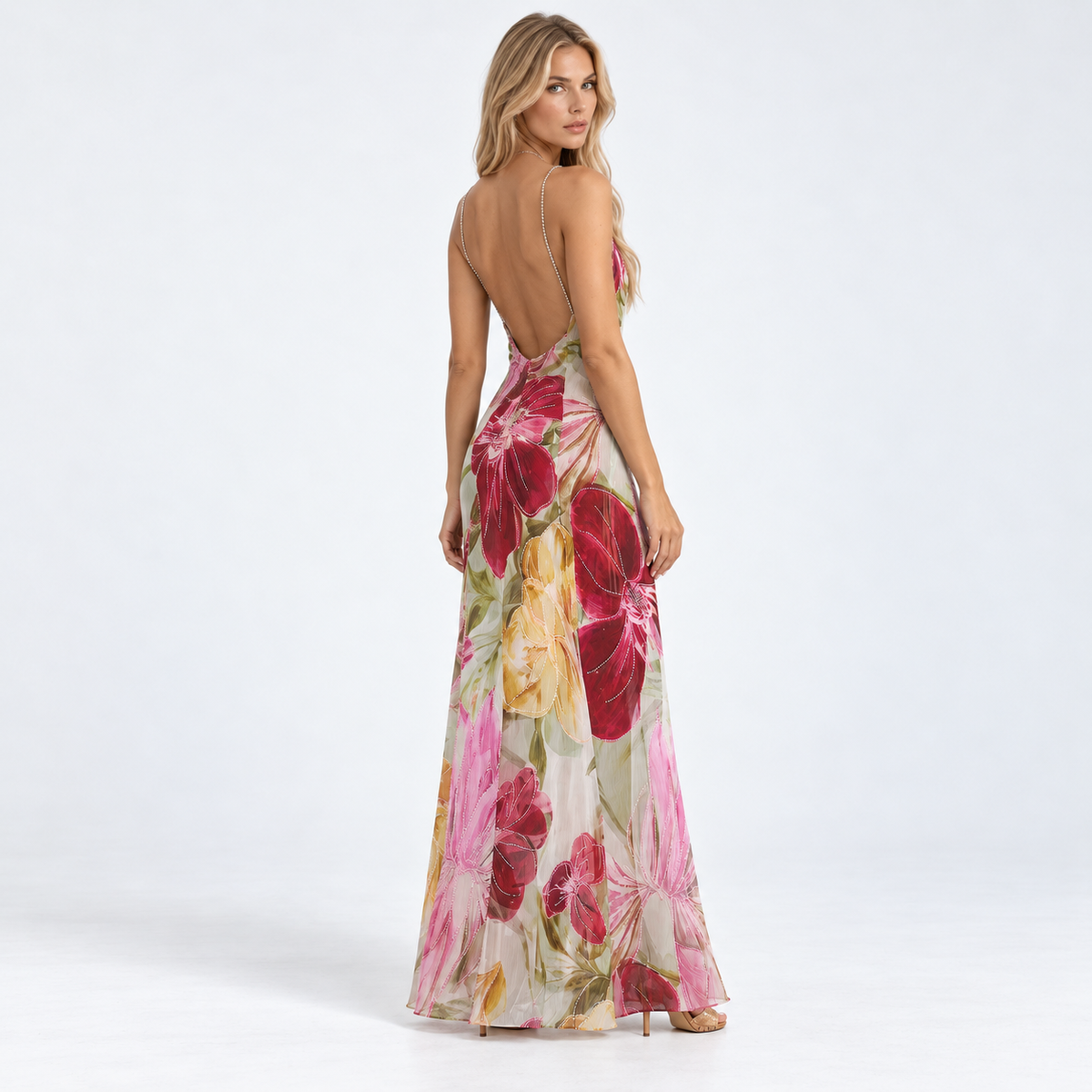 Women's Beaded Floral Cowl-Neck Maxi Dress — Rose Red — back studio view