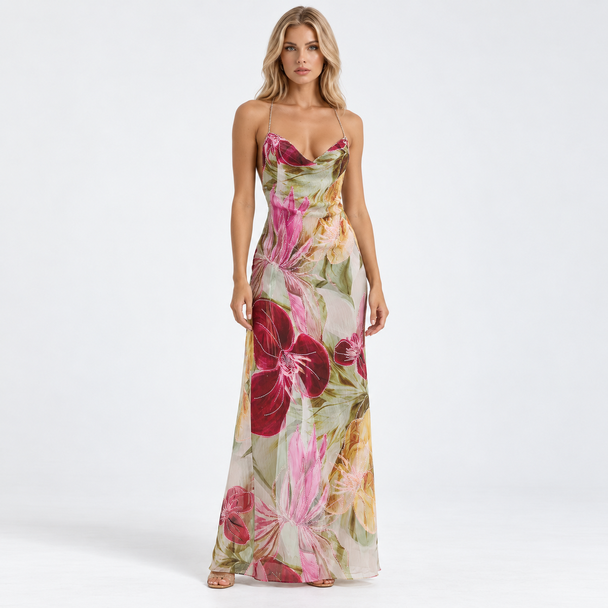 Women's Beaded Floral Cowl-Neck Maxi Dress — Rose Red — front studio view