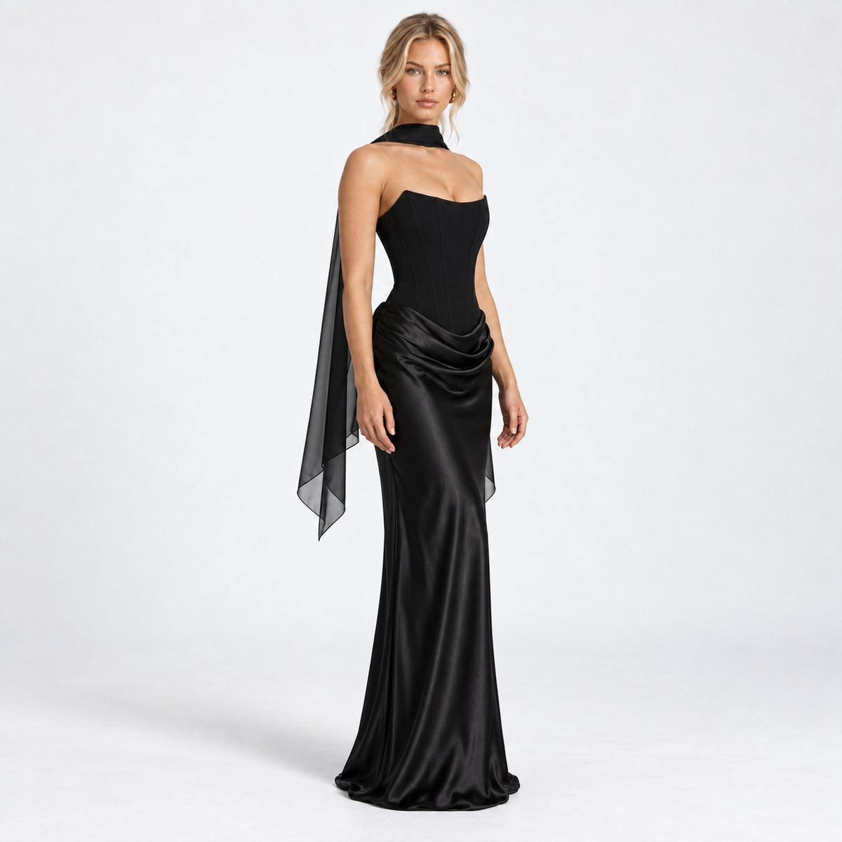 Women's Strapless Corset Satin Maxi Dress with Scarf — Black — front45 studio view