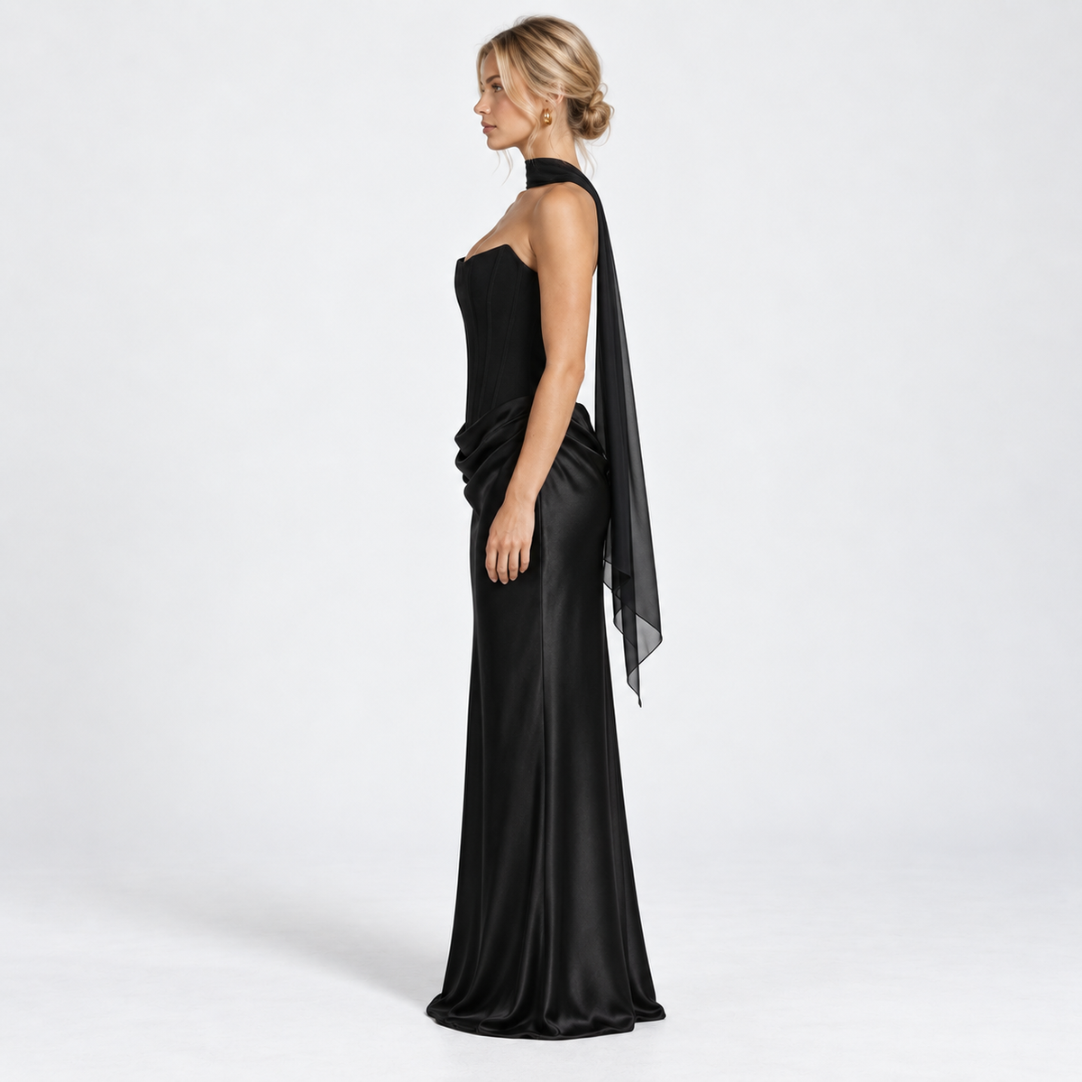 Women's Strapless Corset Satin Maxi Dress with Scarf — Black — side studio view