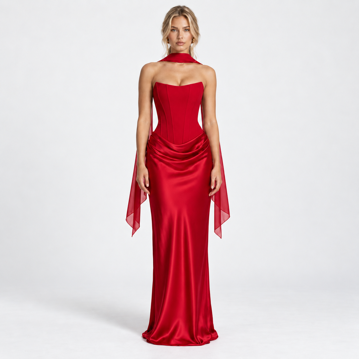 Women's Strapless Corset Satin Maxi Dress with Scarf — Red — front studio view