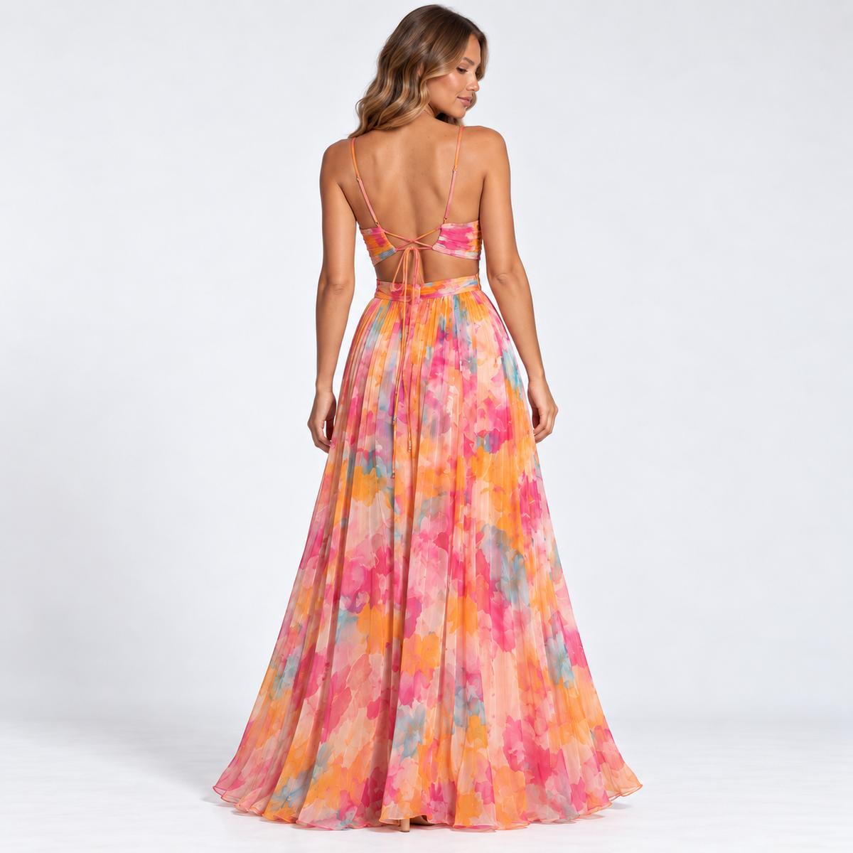 Women's Watercolour Floral V-Neck Maxi Dress — Orange — back studio view