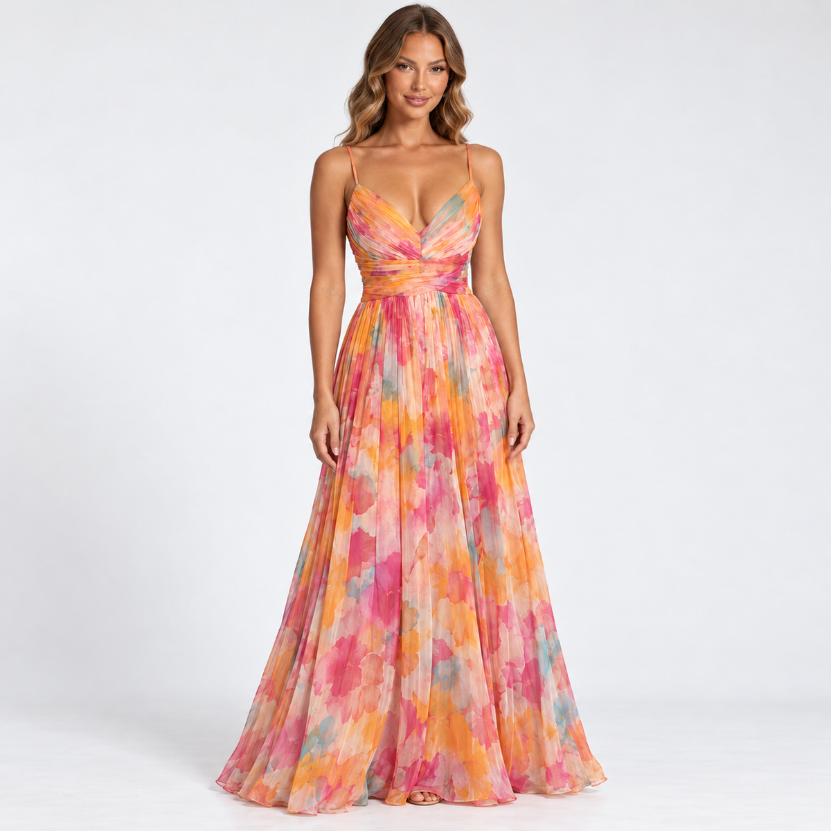Women's Watercolour Floral V-Neck Maxi Dress — Orange — front studio view