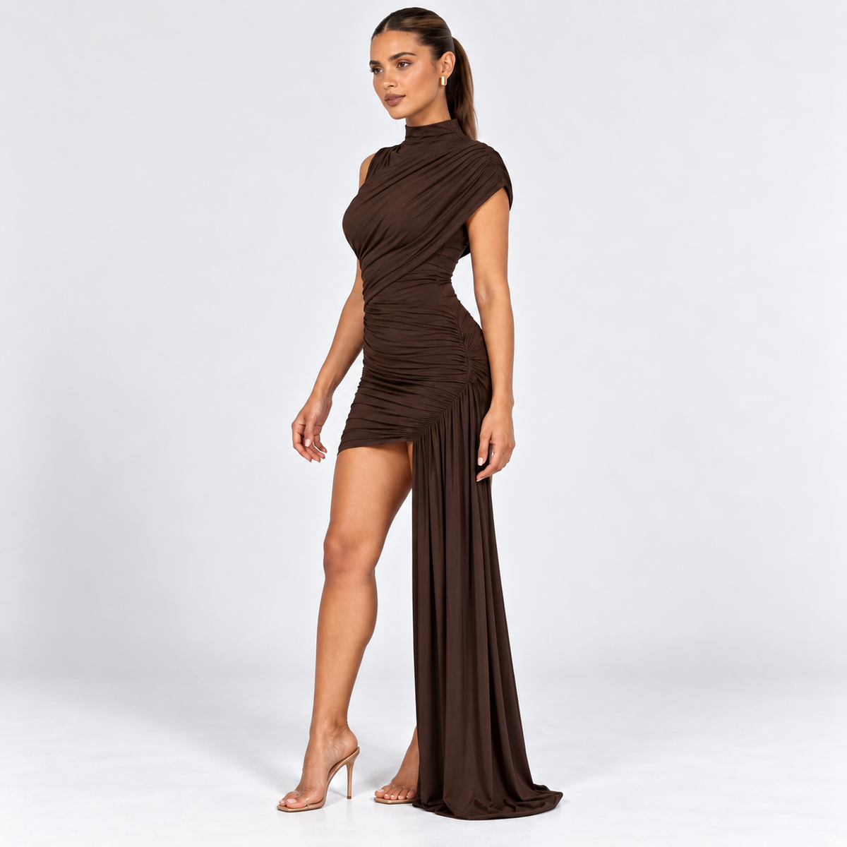 Women's High-Neck Ruched Mini Dress with Sash — Brown — front45 studio view