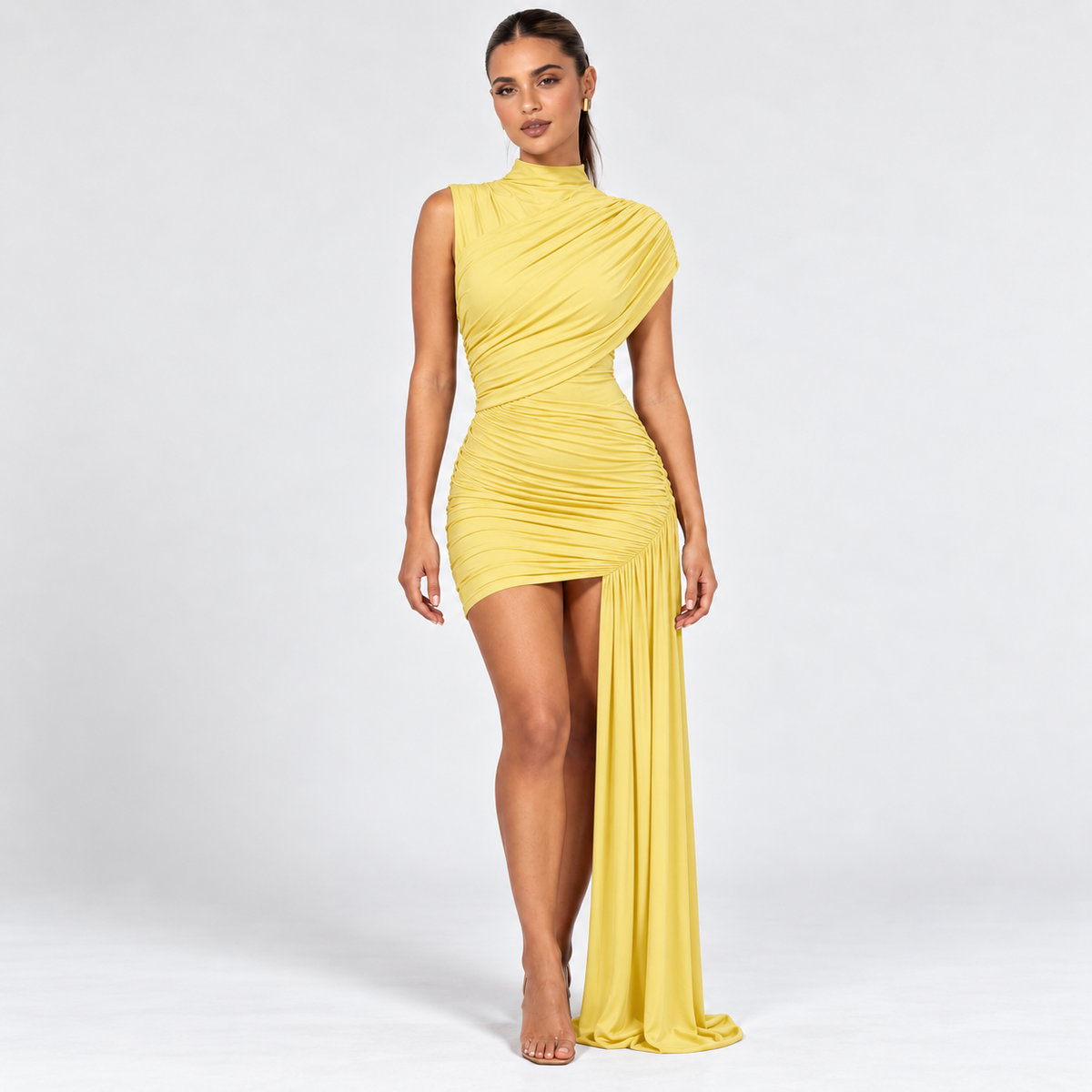 Women's High-Neck Ruched Mini Dress with Sash — Yellow — front studio view