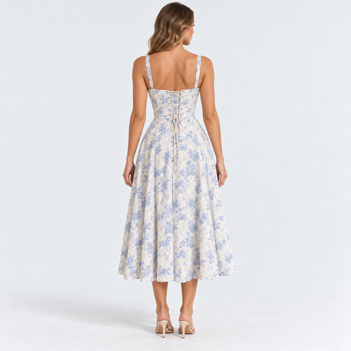 Women's Sweetheart Corset Midi Dress — Blue — back studio view