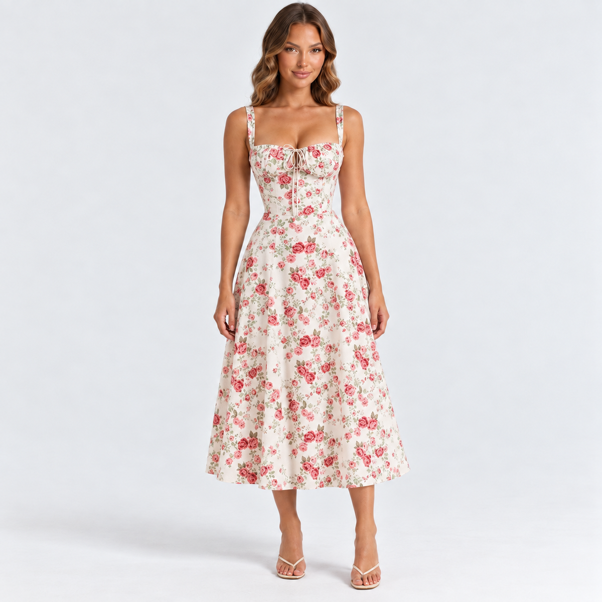 Women's Sweetheart Corset Midi Dress — Pink — front studio view