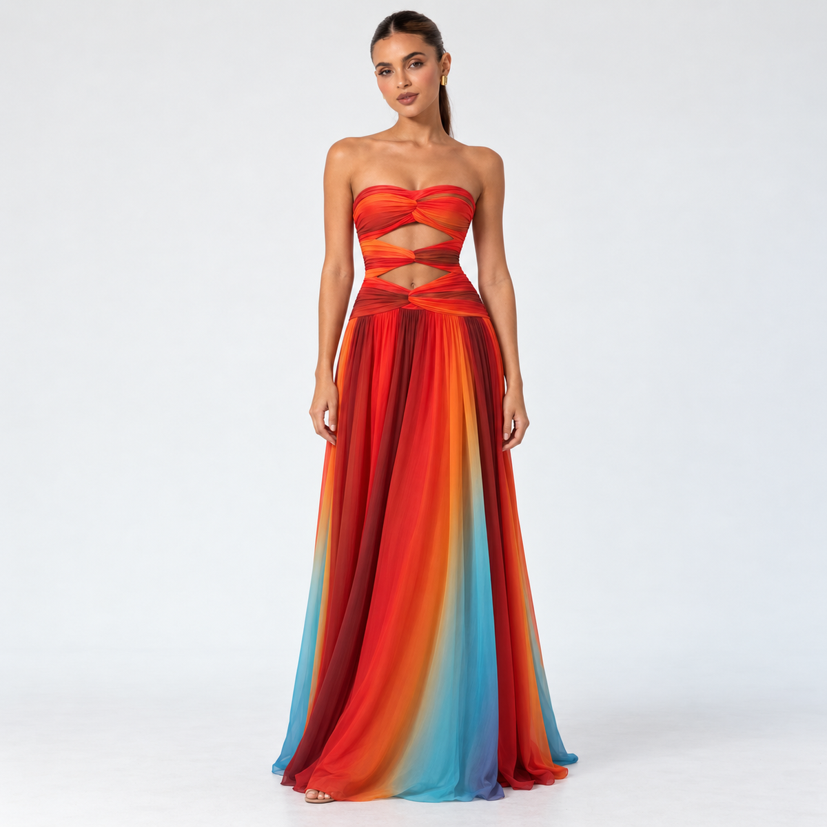 Women's Strapless Twist Cutout Maxi Dress — Multicolor — front studio view
