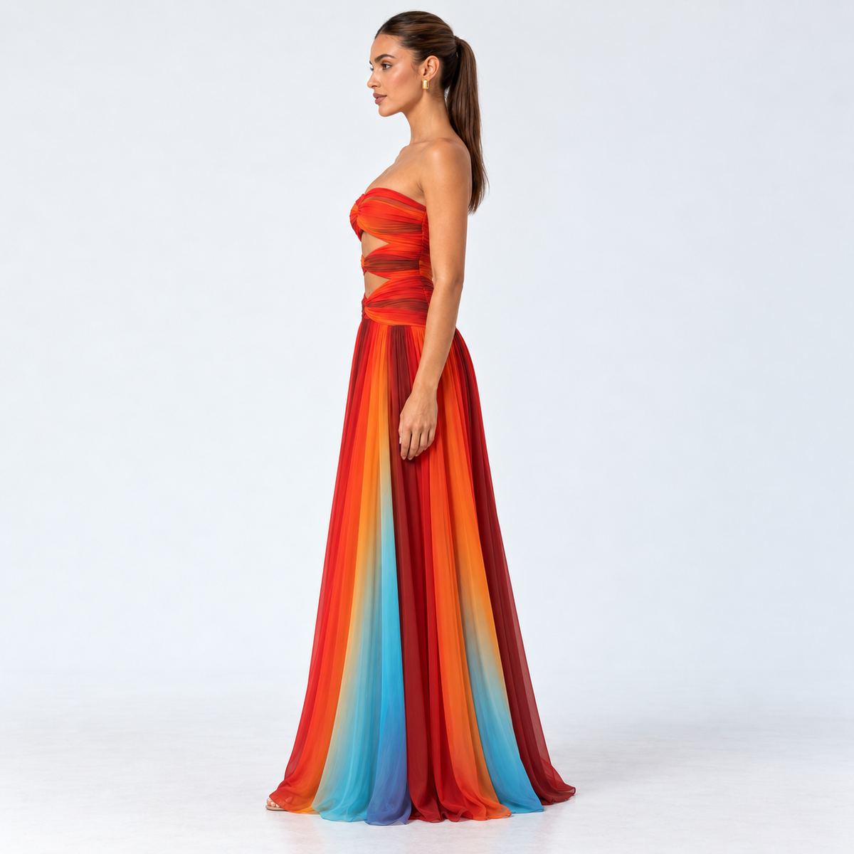 Women's Strapless Twist Cutout Maxi Dress — Multicolor — side studio view