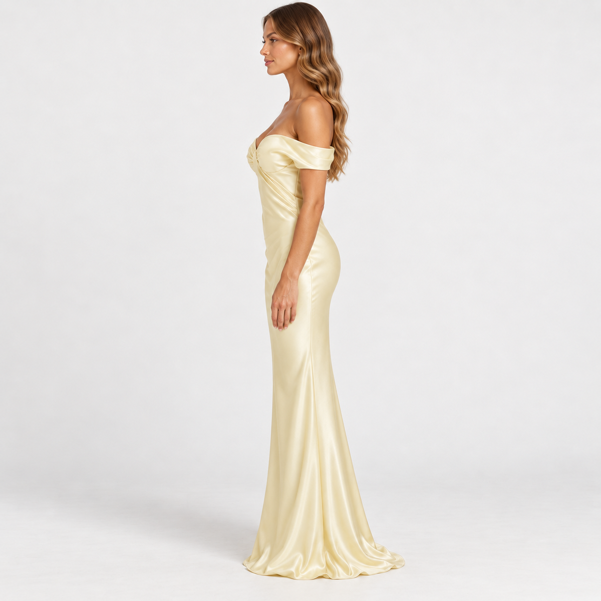Women's Off-Shoulder Satin Maxi Dress — Champagne — side studio view