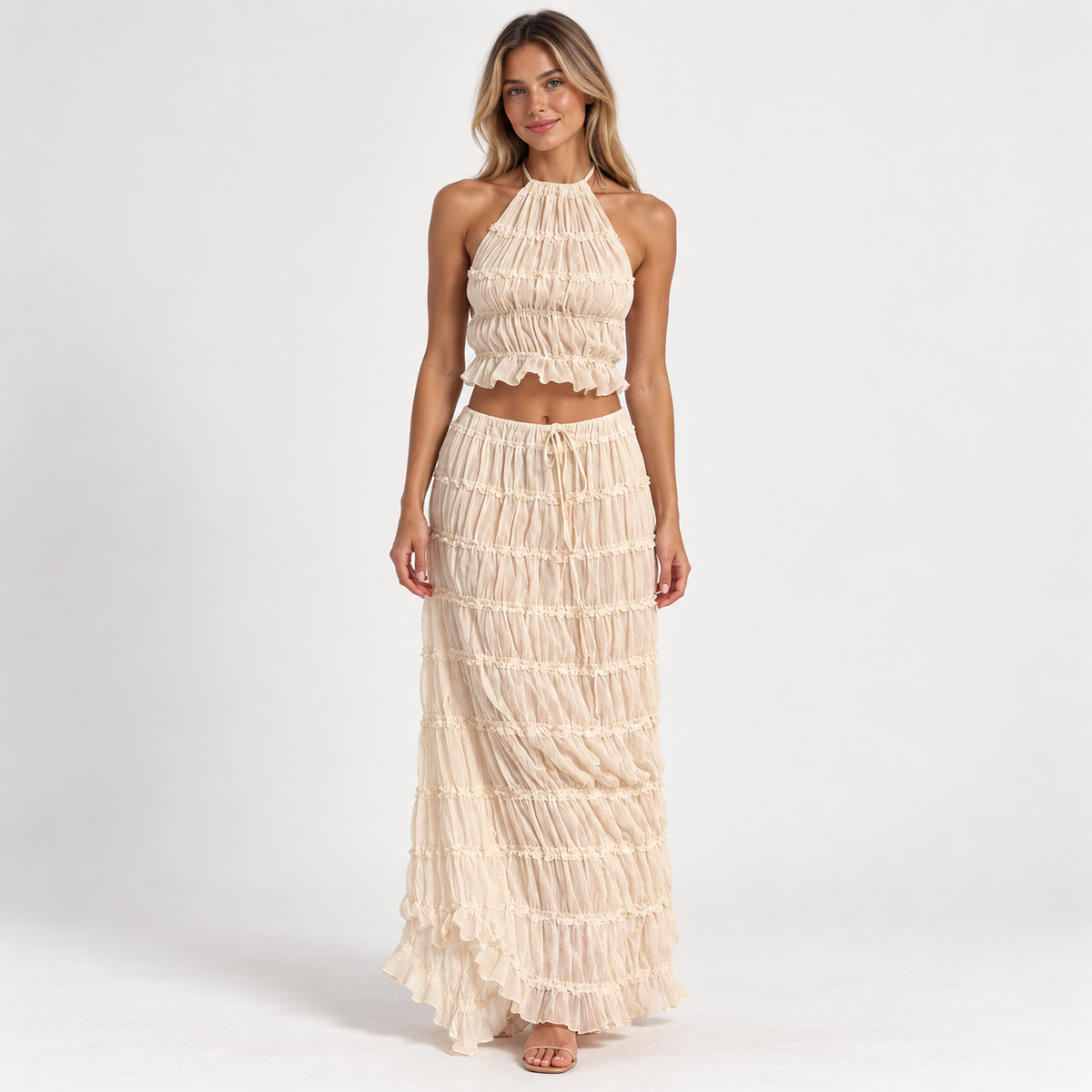 Women's Halter Ruffle Top & Maxi Skirt Set — Cream — front studio view