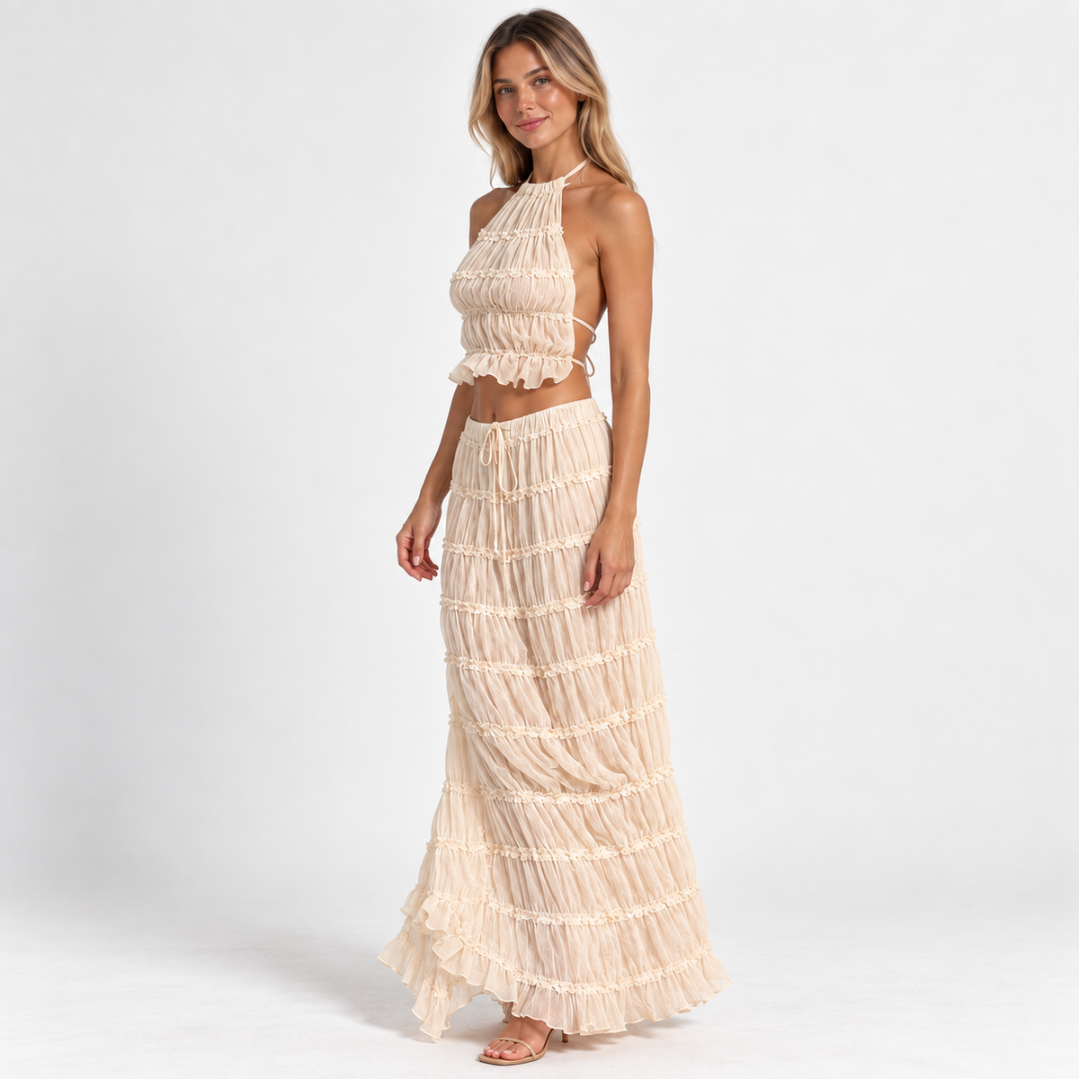 Women's Halter Ruffle Top & Maxi Skirt Set — Cream — front45 studio view