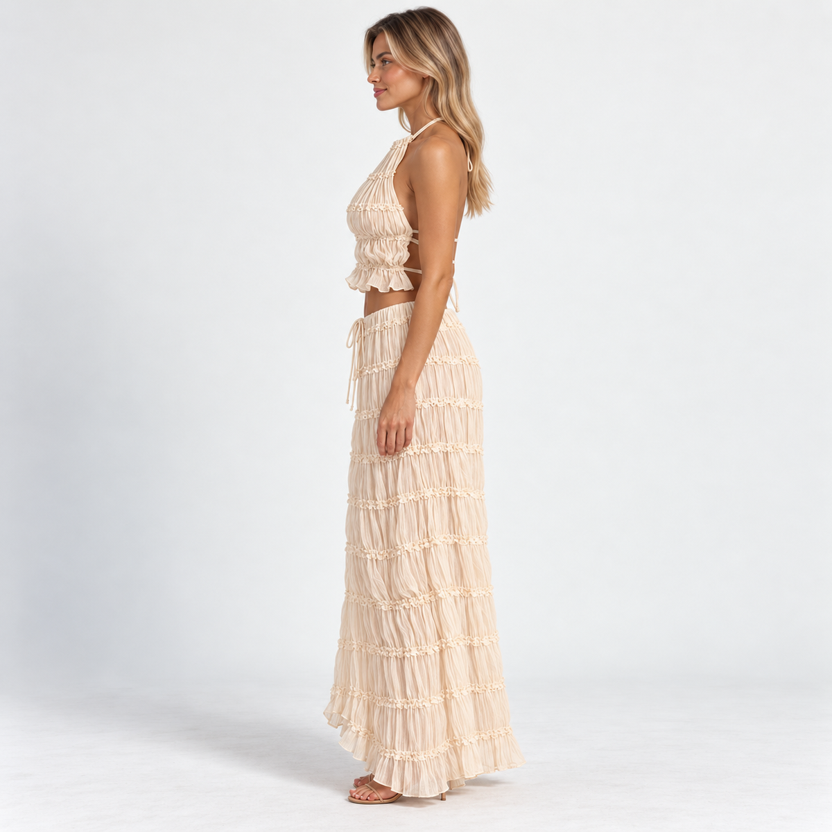Women's Halter Ruffle Top & Maxi Skirt Set — Cream — side studio view