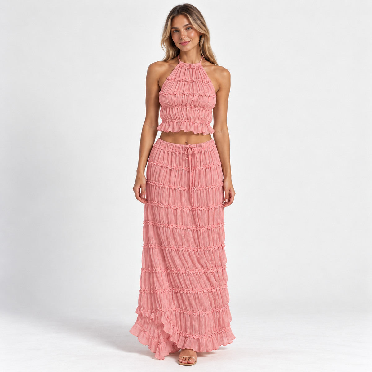 Women's Halter Ruffle Top & Maxi Skirt Set — Pink — front studio view