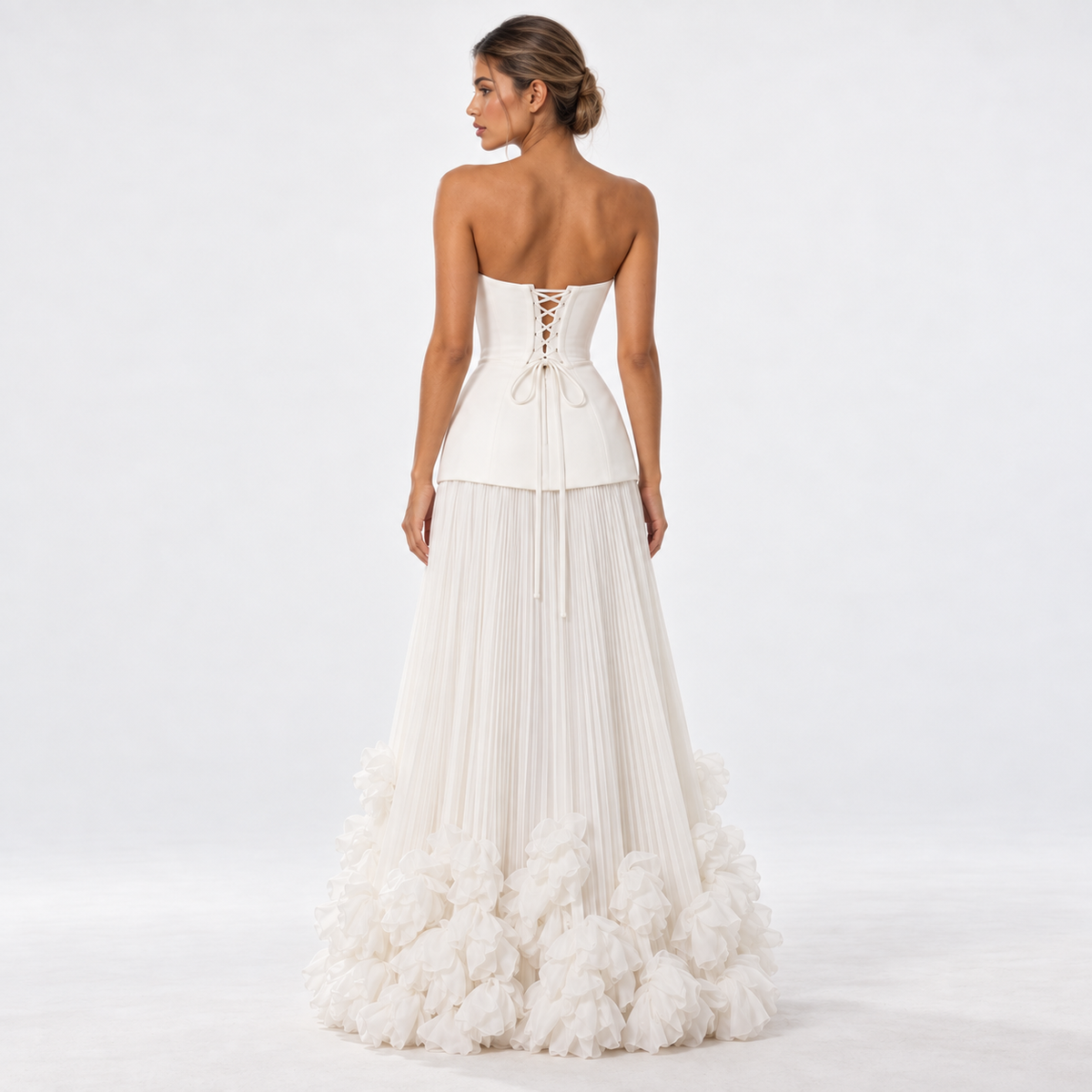 Women's Strapless Pleated Floral Hem Maxi Dress — White — back studio view