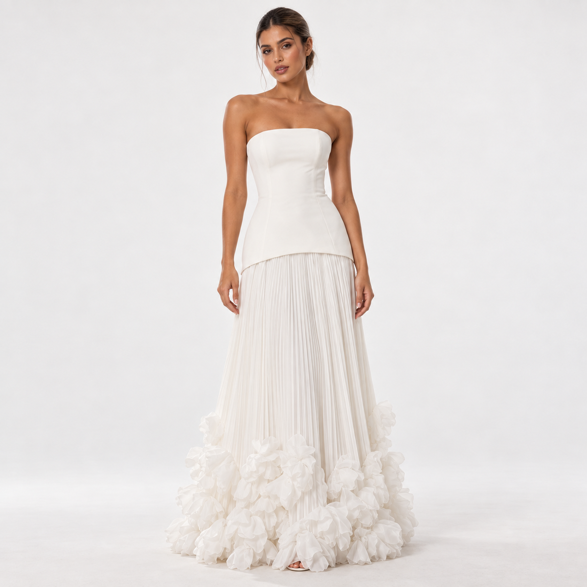 Women's Strapless Pleated Floral Hem Maxi Dress — White — front studio view
