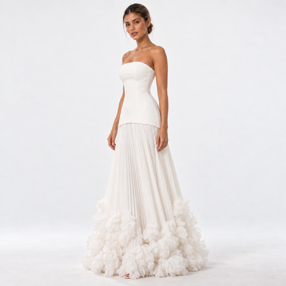 Women's Strapless Pleated Floral Hem Maxi Dress — White — front45 studio view