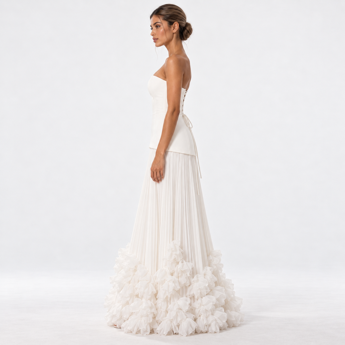 Women's Strapless Pleated Floral Hem Maxi Dress — White — side studio view