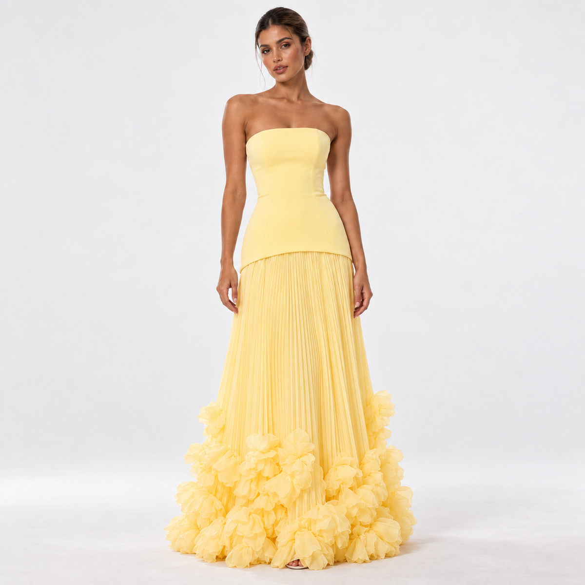 Women's Strapless Pleated Floral Hem Maxi Dress — Yellow — front studio view