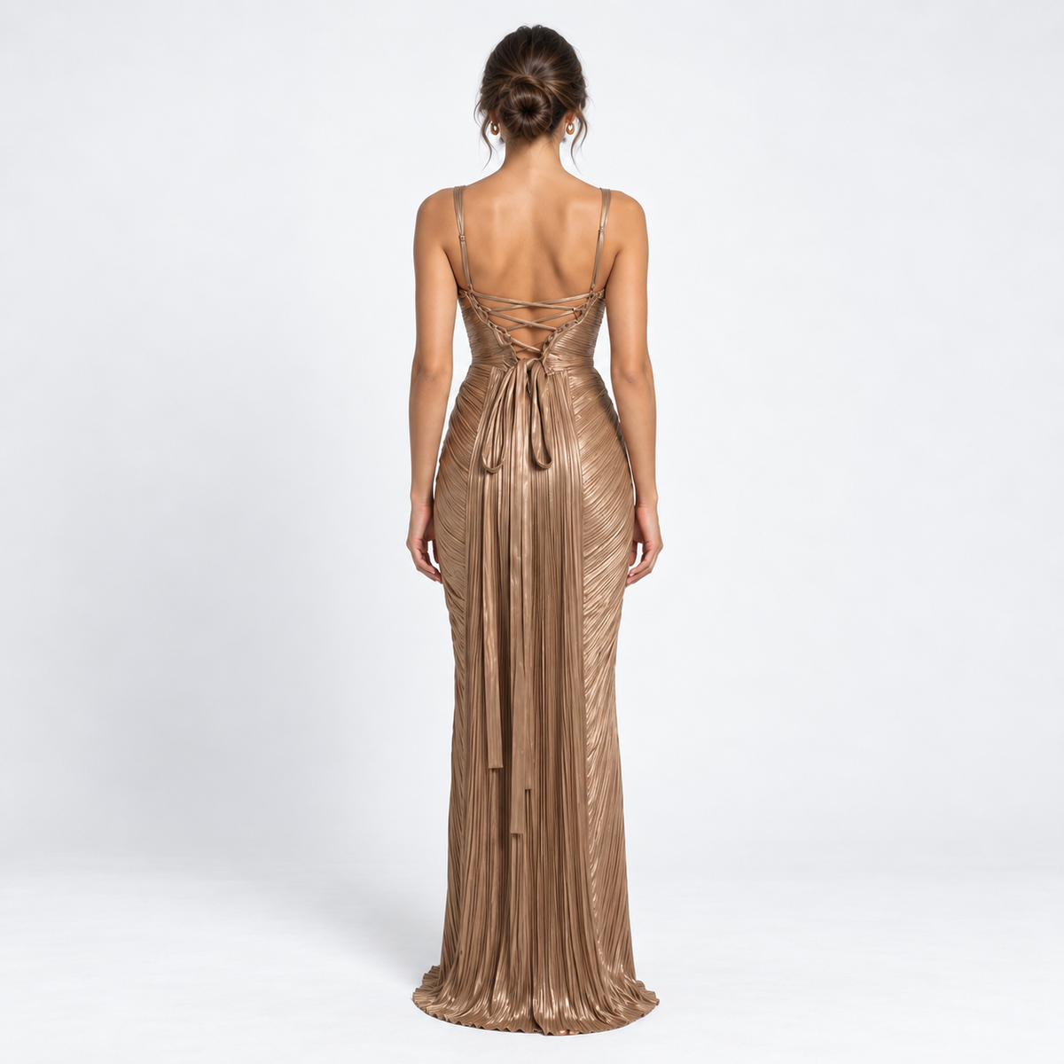 Women's Metallic Pleated Corset Maxi Dress — Gold — back studio view