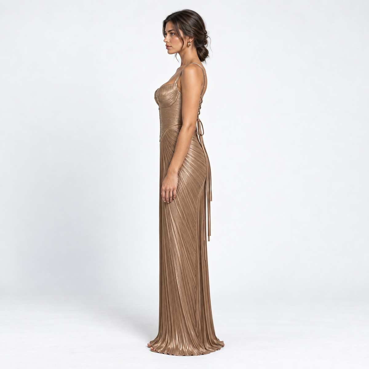 Women's Metallic Pleated Corset Maxi Dress — Gold — side studio view