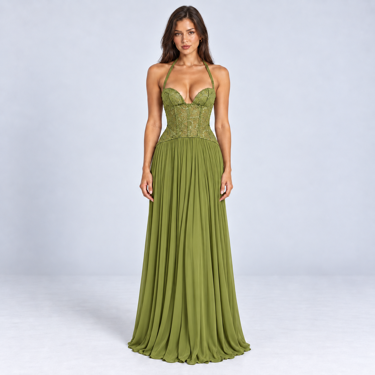 Women's Lace Corset Pleated Maxi Dress — Green — front studio view