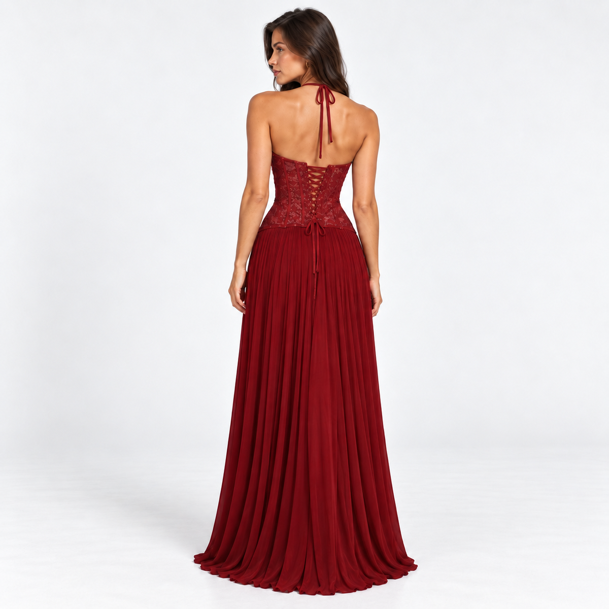 Women's Lace Corset Pleated Maxi Dress — Red — back studio view