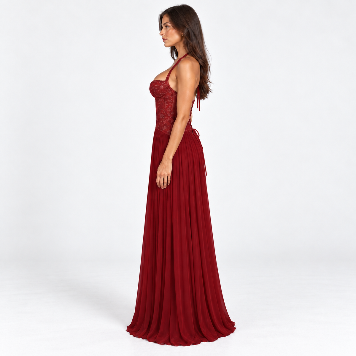 Women's Lace Corset Pleated Maxi Dress — Red — side studio view