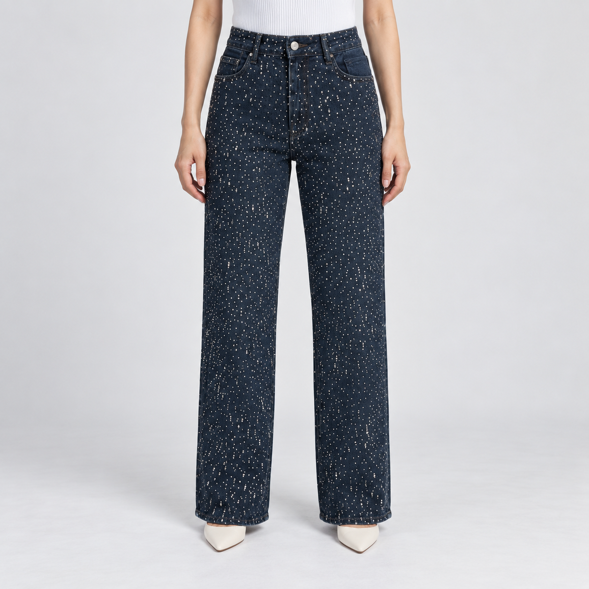 Women's Rhinestone Wide-Leg Jeans in denim blue – front view