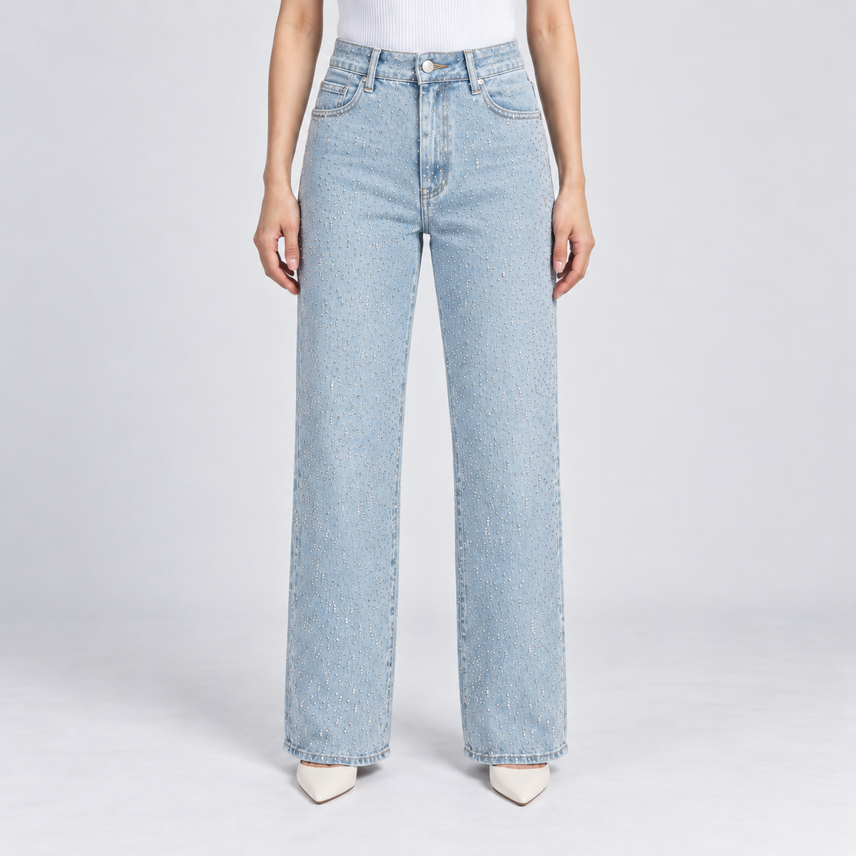 Women's Rhinestone Wide-Leg Jeans in light blue – front view