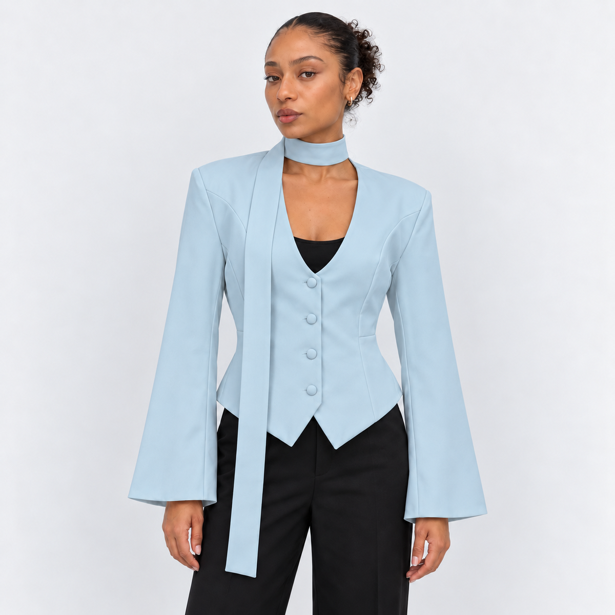 Women's Scarf-Detail Tailored Jacket in blue – front view