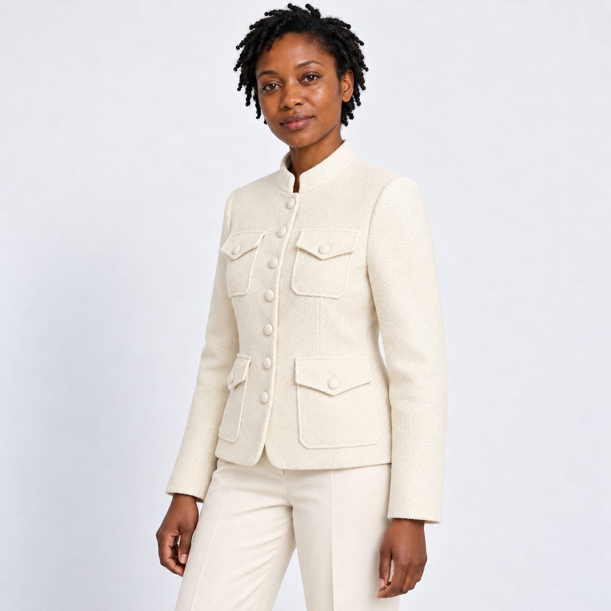 Women's Cream Stand-Collar Pocket Jacket – angled view