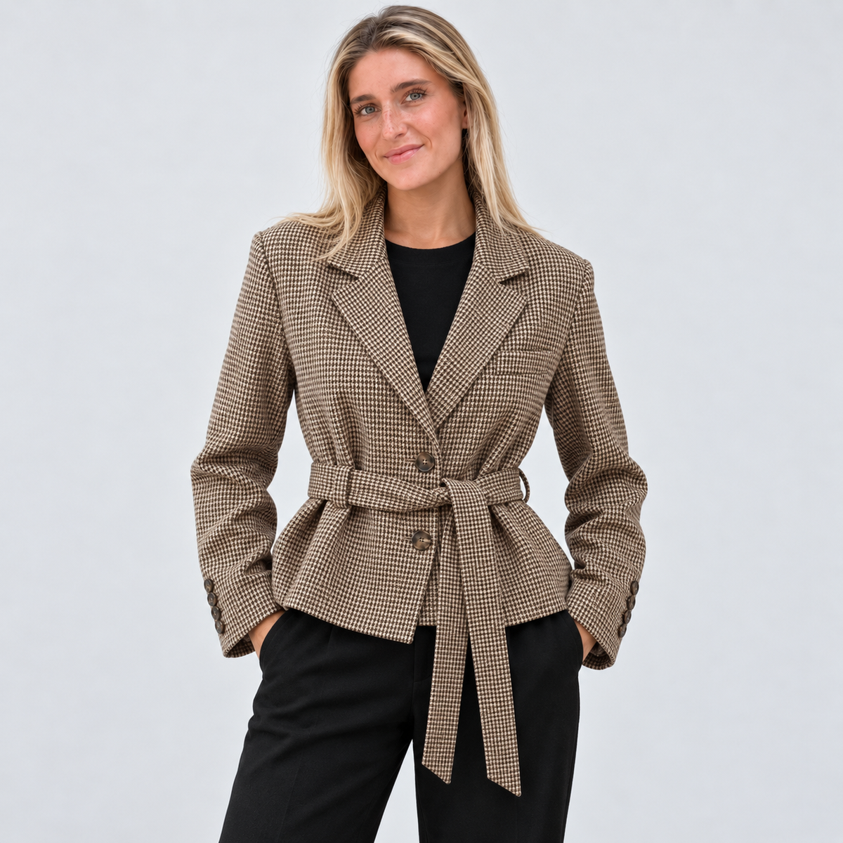 Women's Belted Houndstooth Blazer – front view