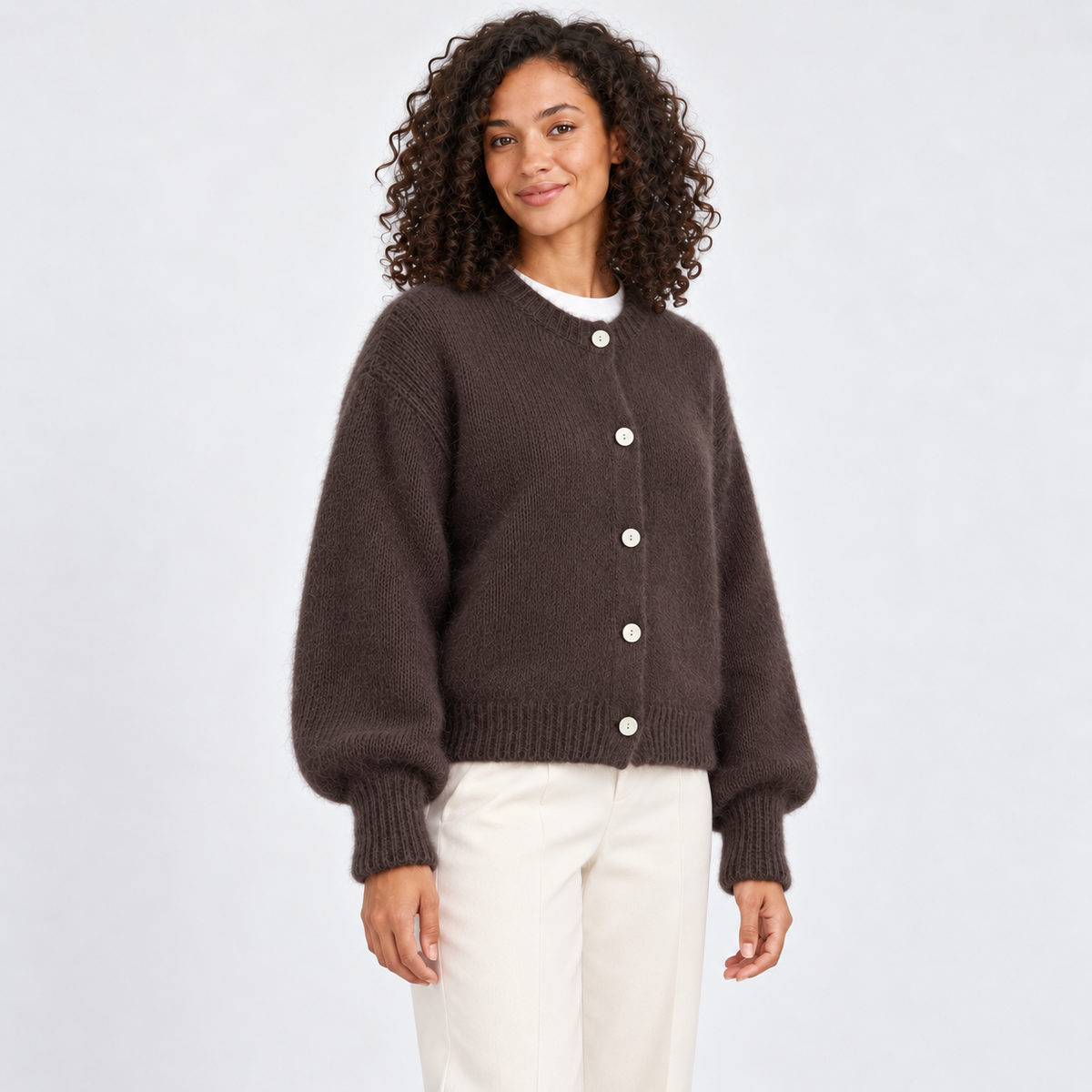 Women's Fuzzy Crew-Neck Cardigan in brown – angled view
