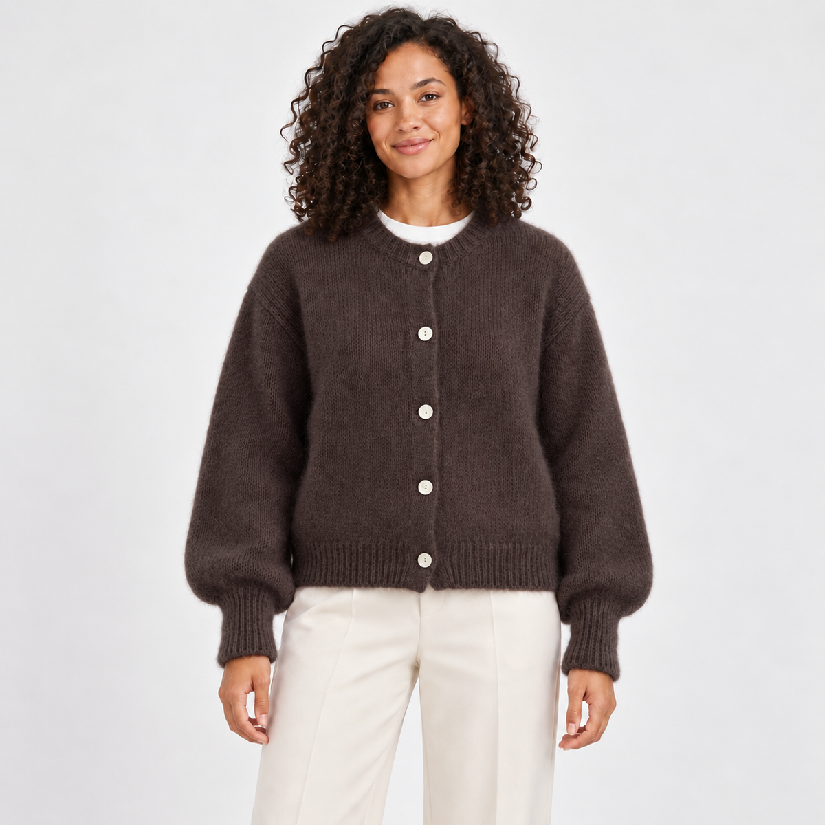 Women's Fuzzy Crew-Neck Cardigan in brown – front view