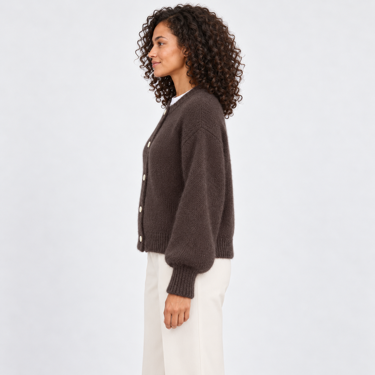 Women's Fuzzy Crew-Neck Cardigan in brown – side view
