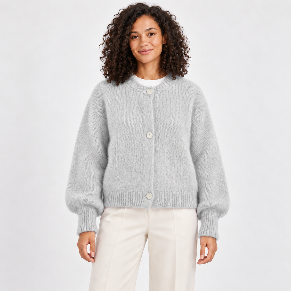 Women's Fuzzy Crew-Neck Cardigan in gray – front view