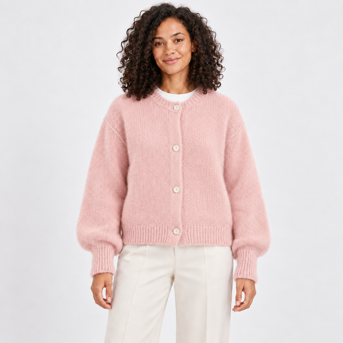 Women's Fuzzy Crew-Neck Cardigan in pink – front view