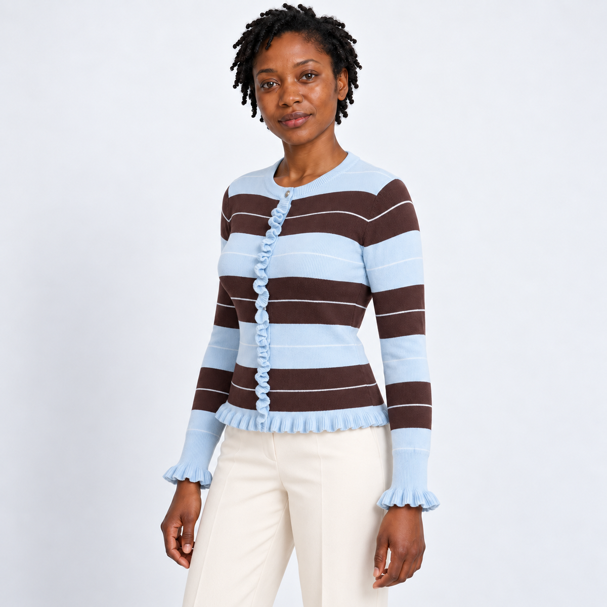 Women's Ruffle-Trim Striped Knit Top – angled view
