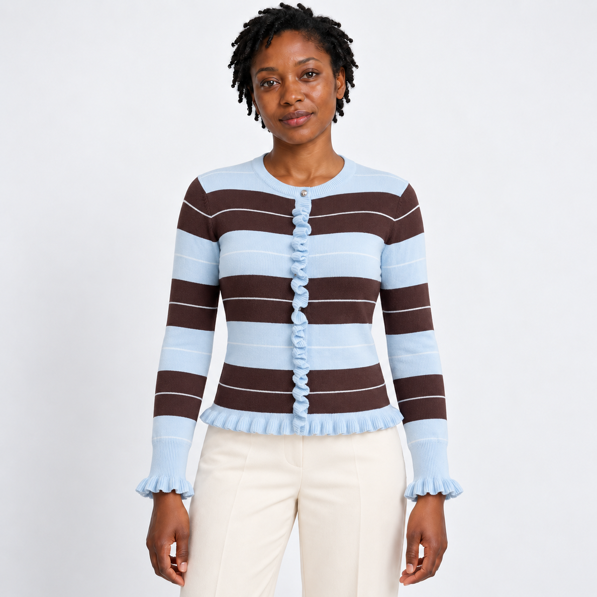 Women's Ruffle-Trim Striped Knit Top – front view