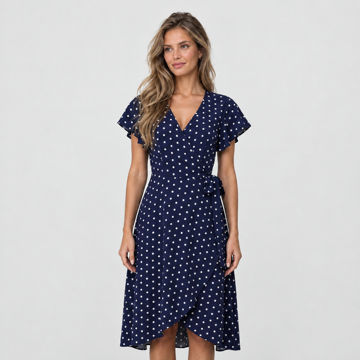 Womens Polka Dot Wrap Midi Dress