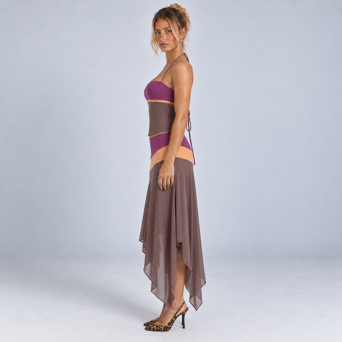Women's Colour Block Halter Top & Handkerchief Hem Skirt Set